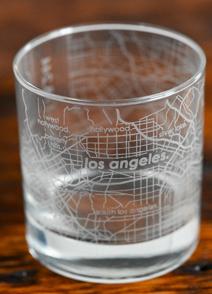rocks glass with map of LA