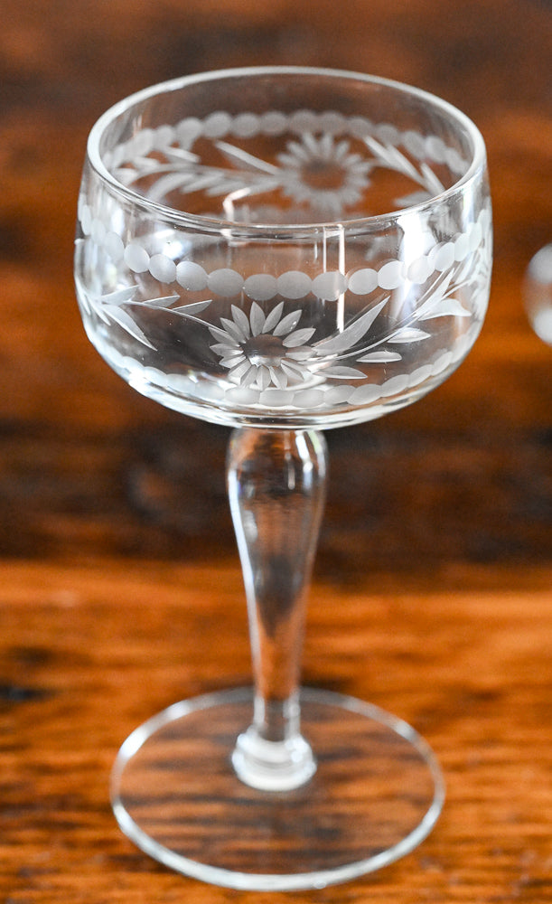 floral etched clear vintage coupe glasses
