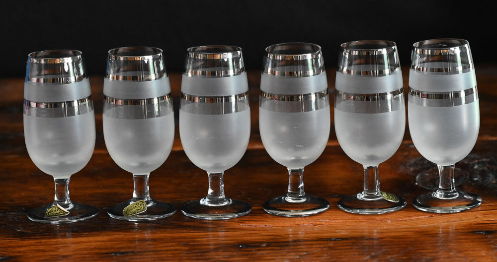 frosted and silver banded Bohemian Crystal Cordial glasses