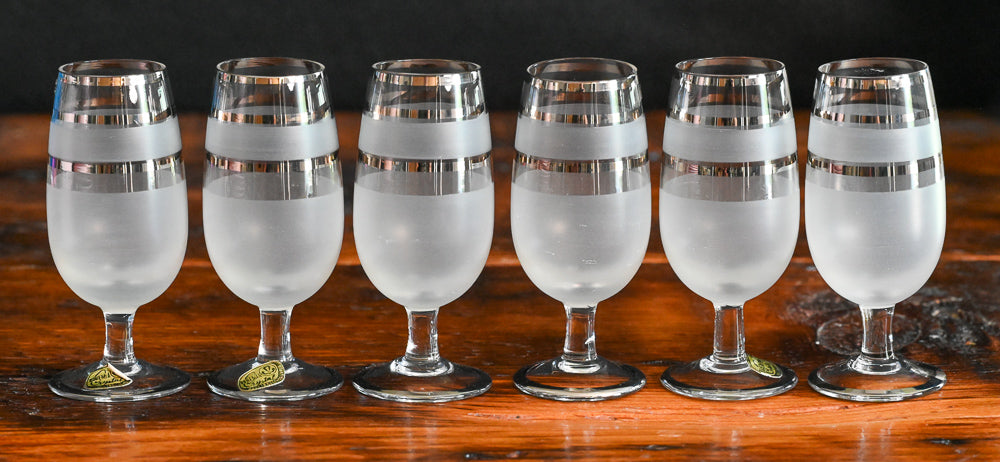 frosted and silver banded Bohemian Crystal Cordial glasses