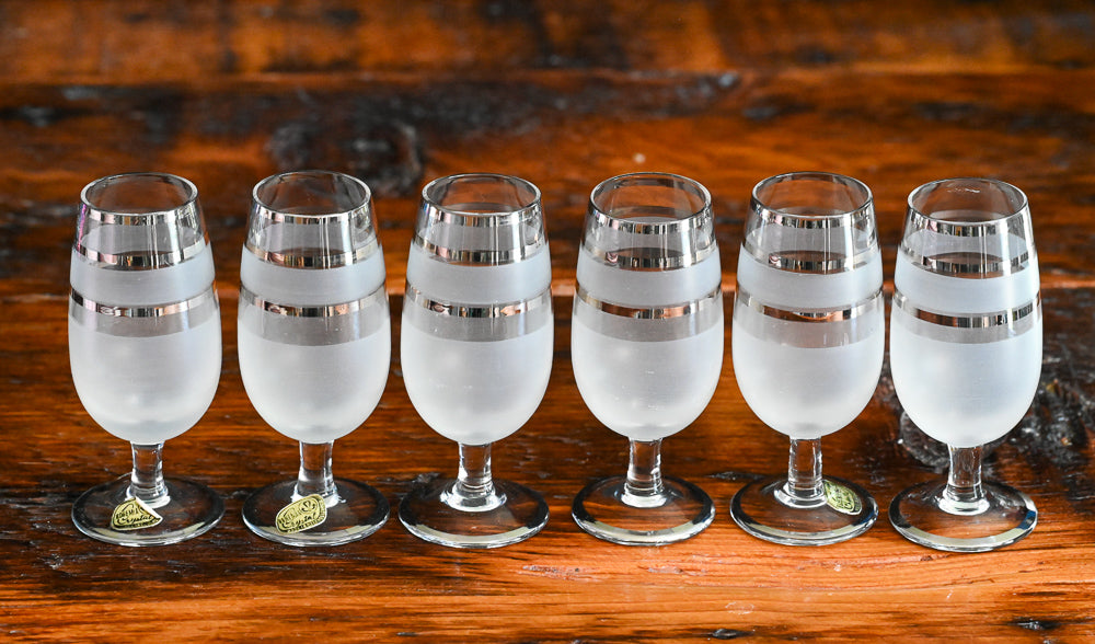frosted and silver banded Bohemian Crystal Cordial glasses