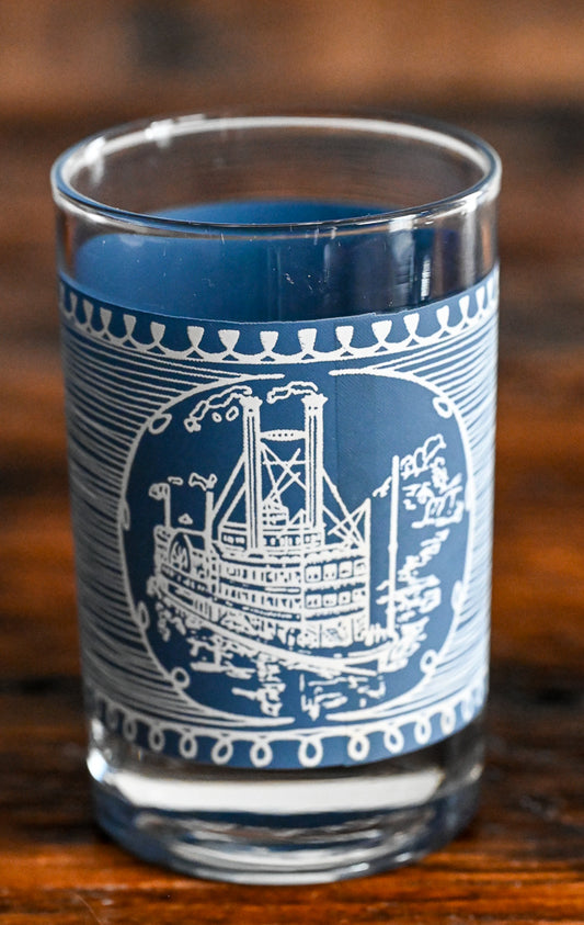 Currier & Ives blue and white steamboat print juice glasses