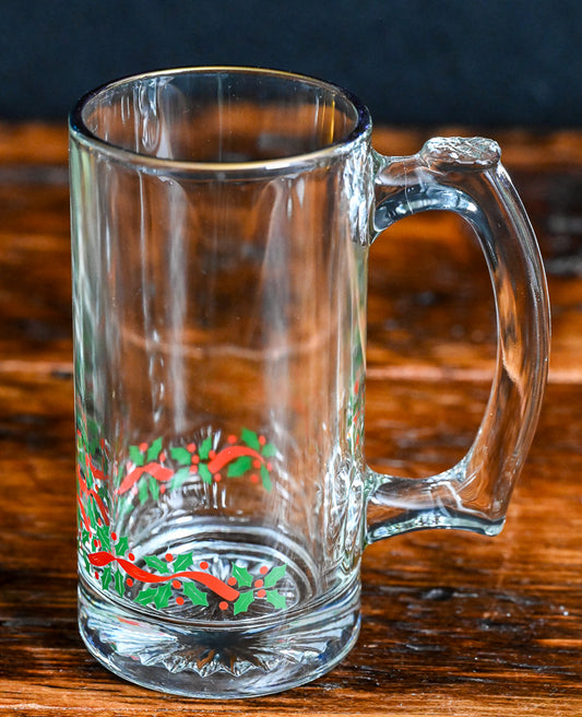 Holly Berry and Mistletoe gold rimmed clear Christmas mugs