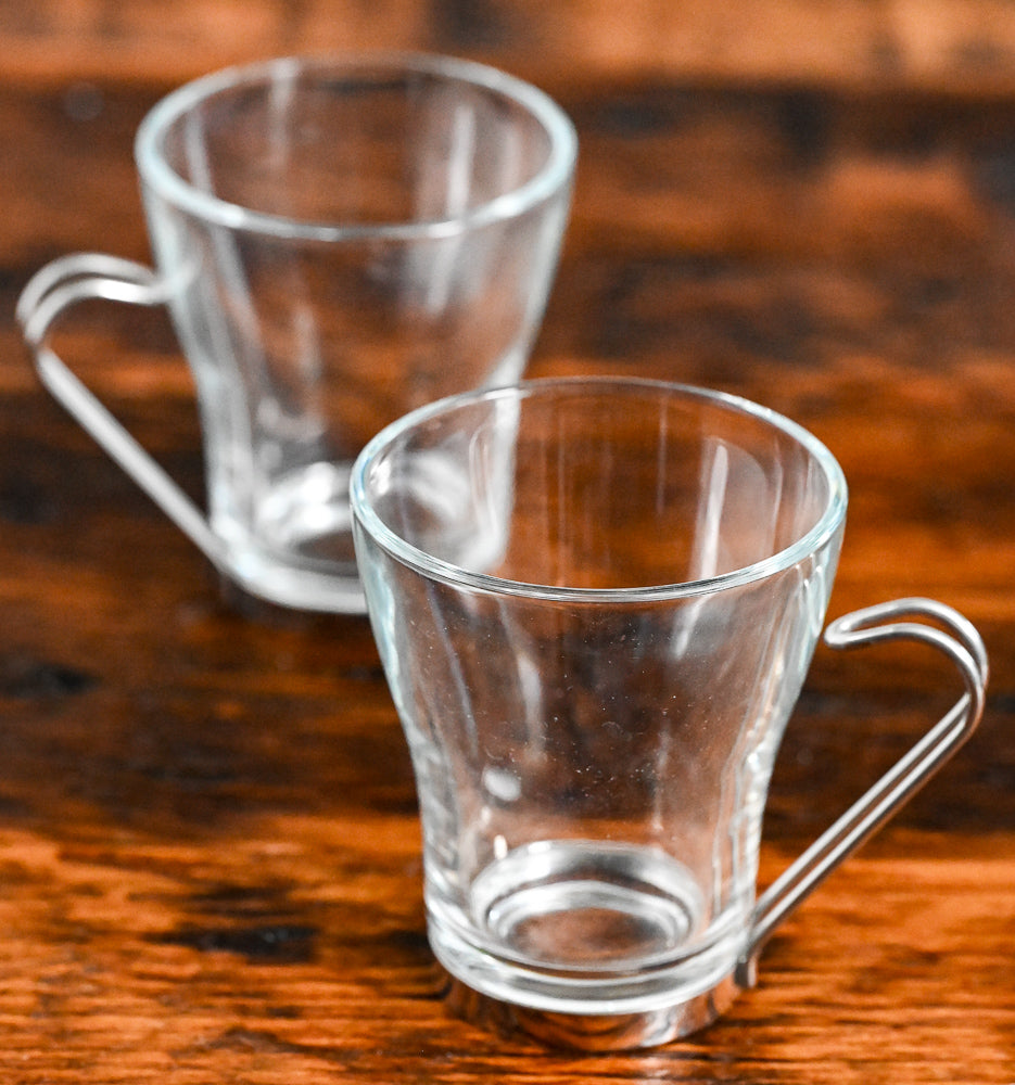 Bormioli glass mugs with silver handle