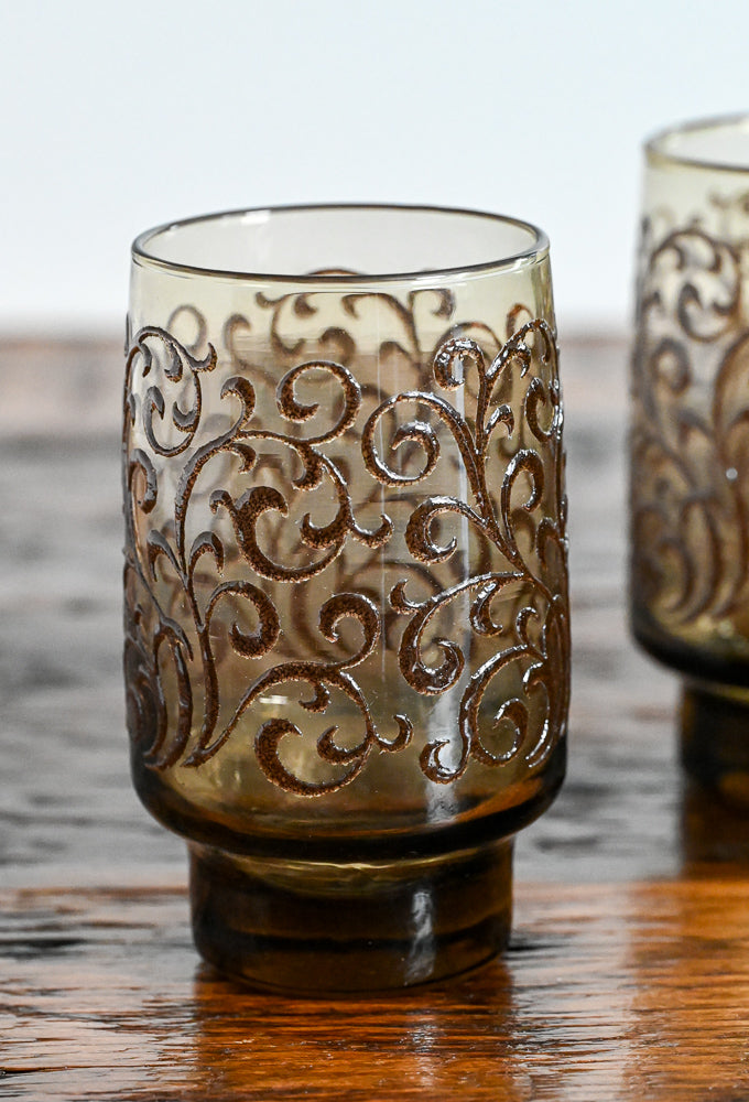 brown glass scroll tumblers