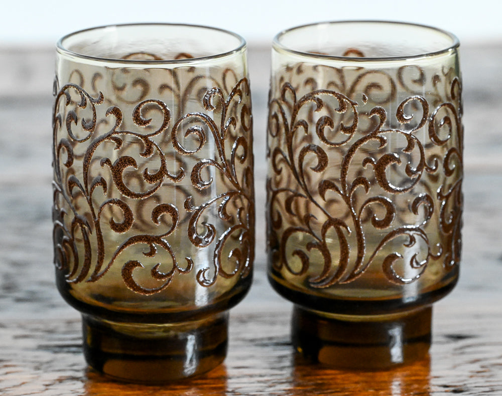 brown glass scroll tumblers