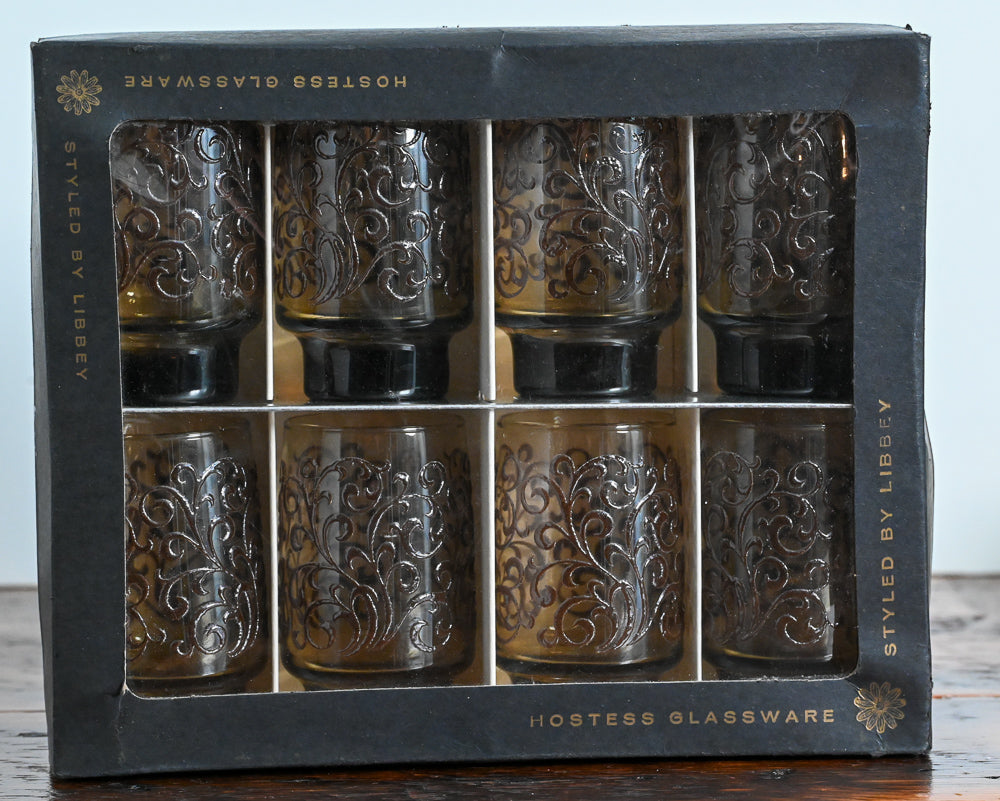 8 brown glass tumblers - Libbey hostess set in case