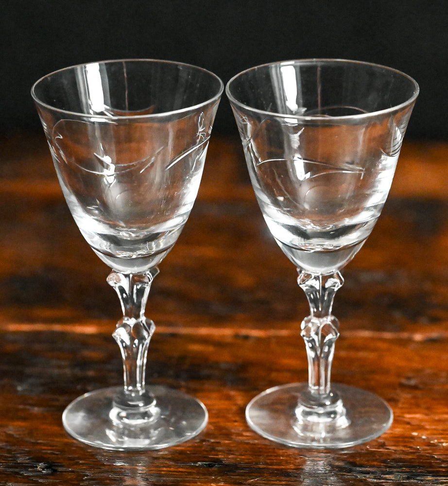 clear etched Tiffin wine glasses