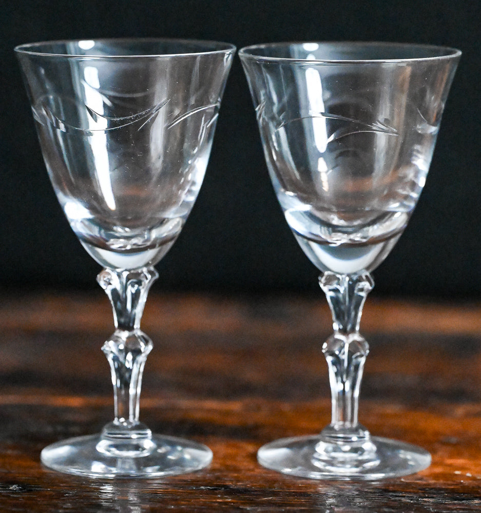 clear etched Tiffin wine glasses