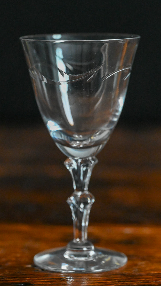 clear etched Tiffin wine glasses