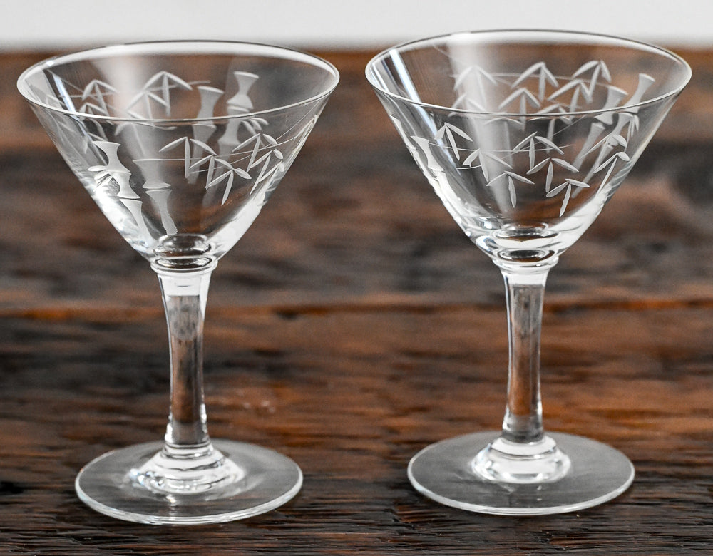 Noritake bamboo etched clear martini glasses