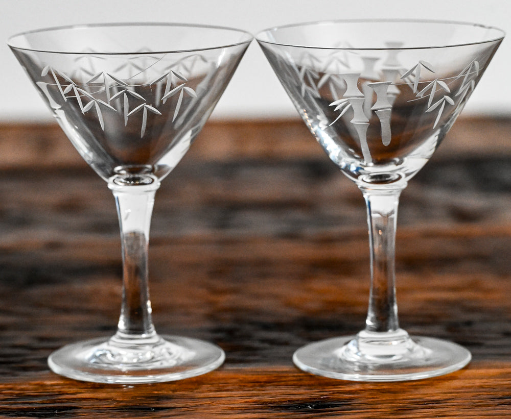 Noritake bamboo etched clear martini glasses
