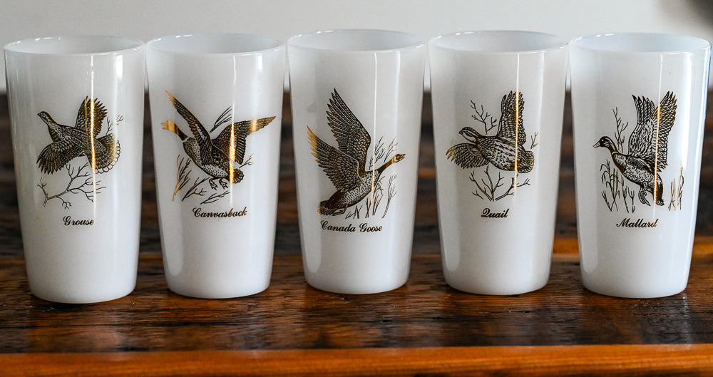 Federal milk glass tumbler with gold birds