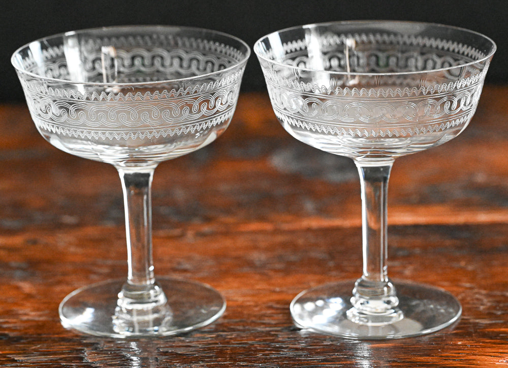 swirl etched clear cocktail coupes