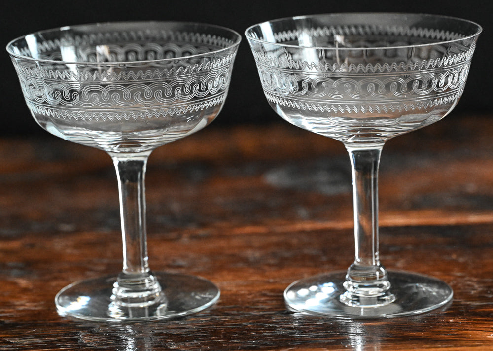 swirl etched clear cocktail coupes
