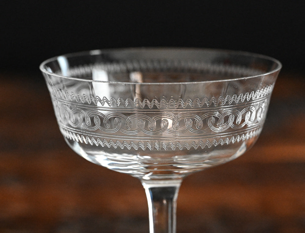 swirl etched clear cocktail coupes