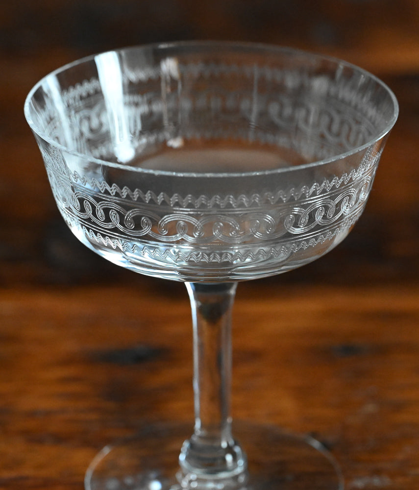 swirl etched clear cocktail coupes