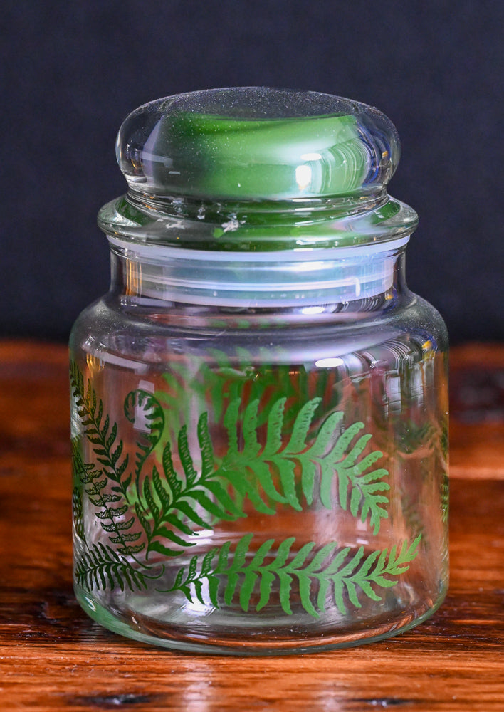 green ferns print Anchor Hocking apothecary jar