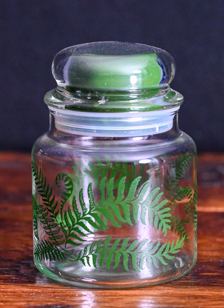 green ferns print Anchor Hocking apothecary jar