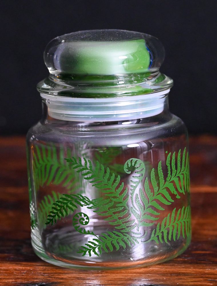 green ferns print Anchor Hocking apothecary jar