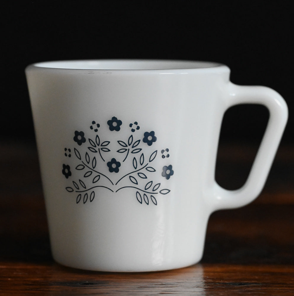 blue floral milk glass Pyrex Summer Impressions mug
