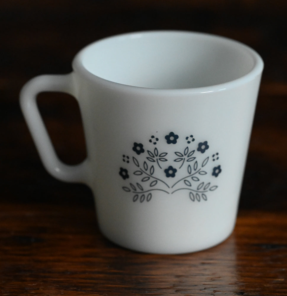 blue floral milk glass Pyrex Summer Impressions mug
