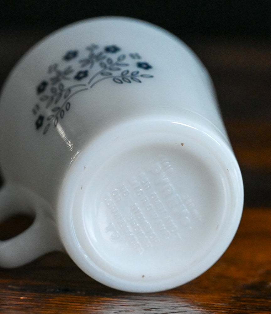 blue floral milk glass Pyrex Summer Impressions mug