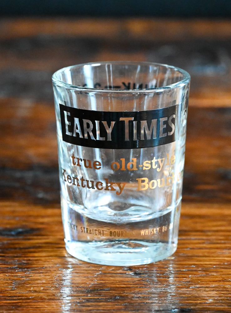 early times bourbon shot glass, black and gold print
