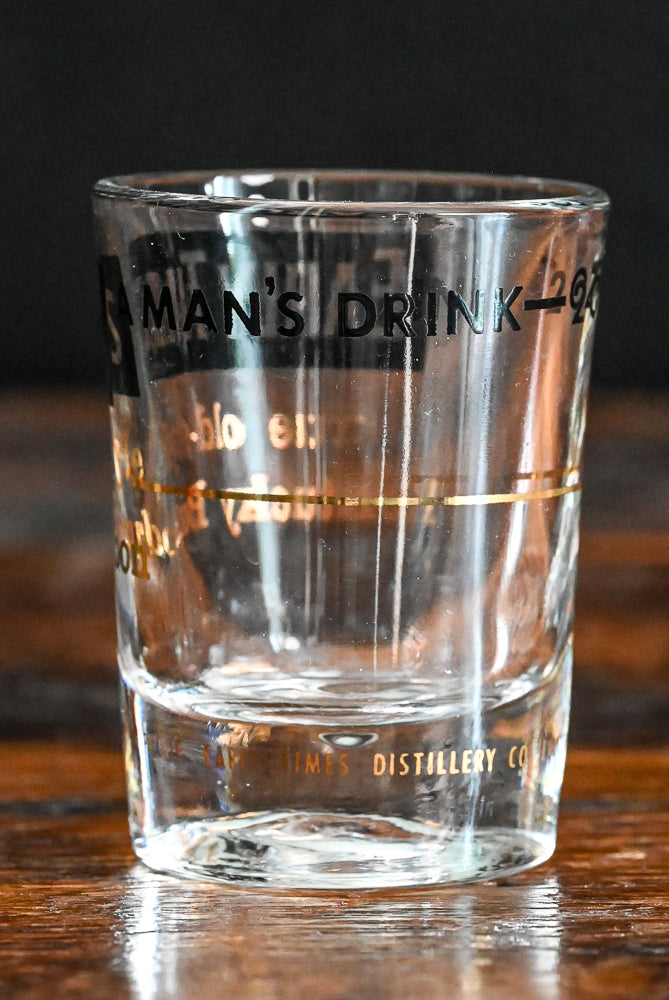 early times bourbon shot glass, black and gold print