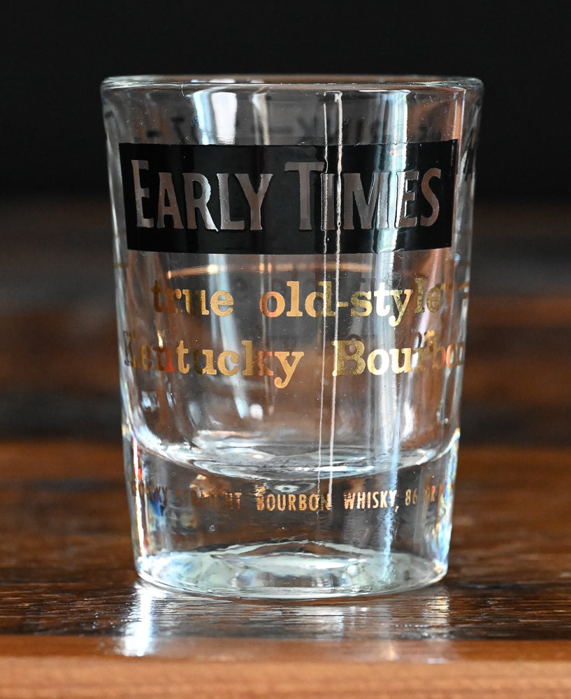 early times bourbon shot glass, black and gold print