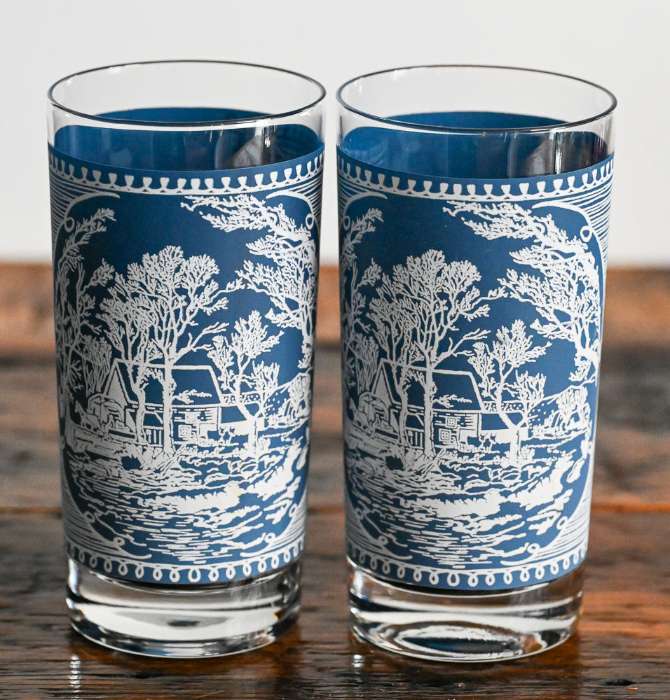 blue and white Royal China Currier & Ives highball glasses