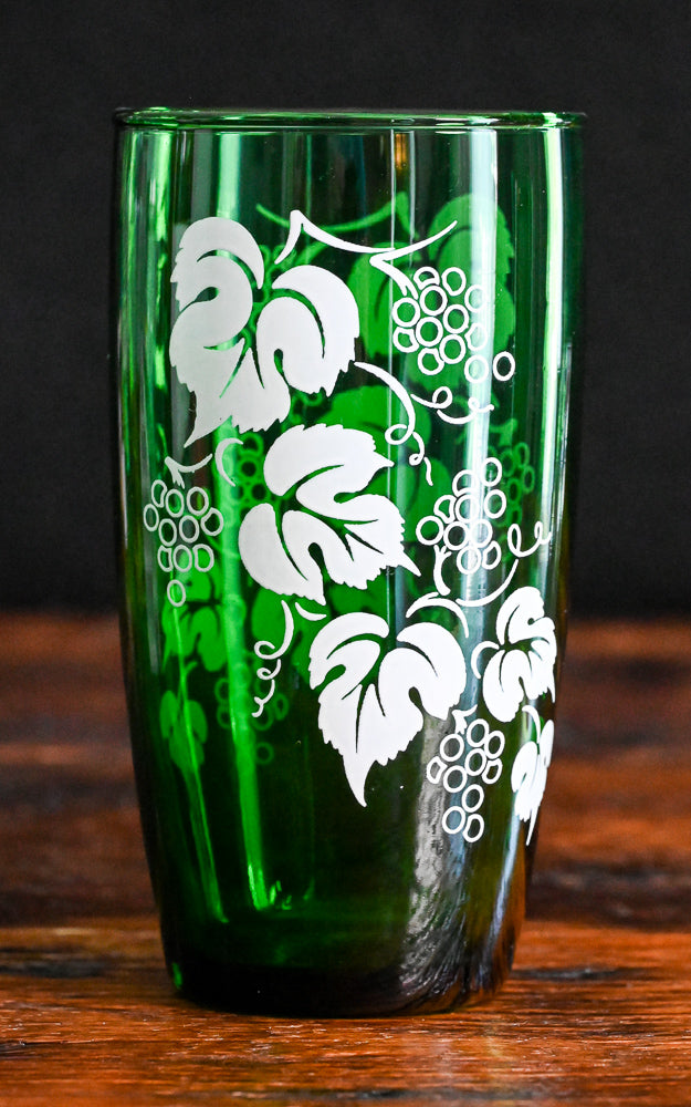 green Anchor Hocking tumblers with white grape leaf print