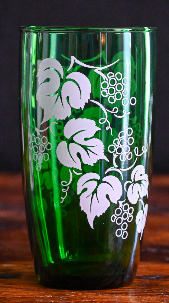 green Anchor Hocking tumblers with white grape leaf print