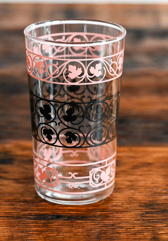 pink and black print tumbler glass