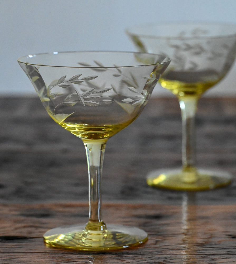 yellow leaf etched coupe glasses