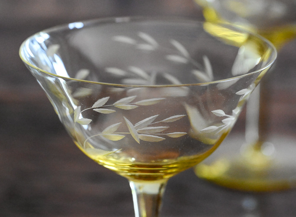yellow leaf etched coupe glasses
