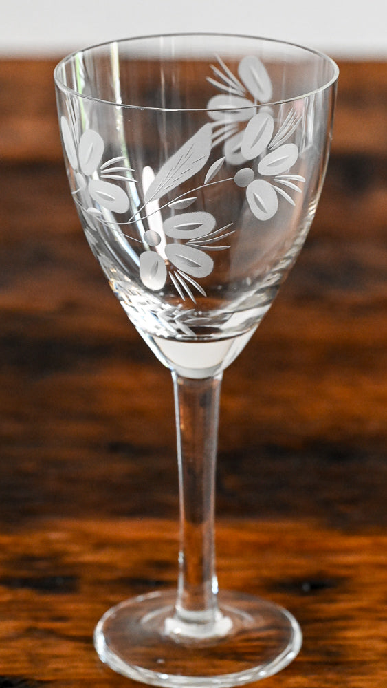 floral etched wine glass