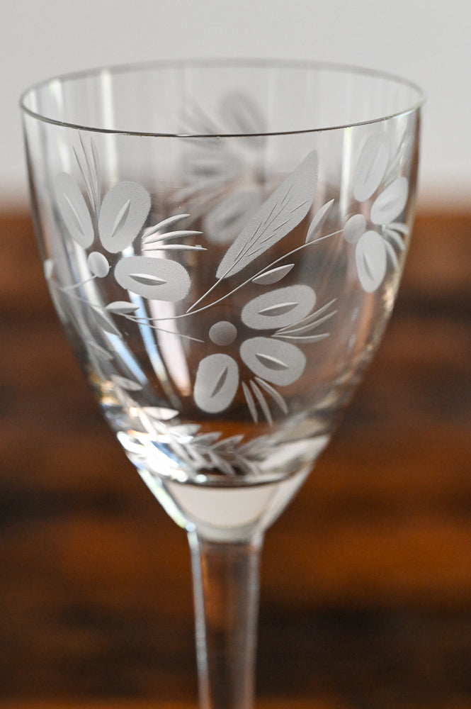 floral etched wine glass