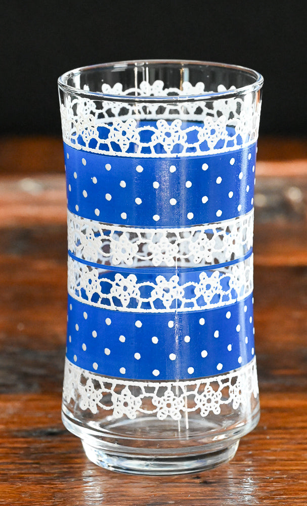 blue and white polka dot and white lace Libbey tumblers