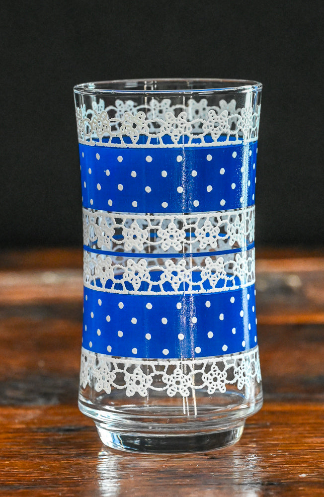 blue and white polka dot and white lace Libbey tumblers