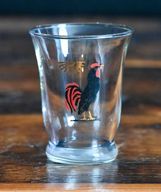 black, red and gold rooster print juice glass