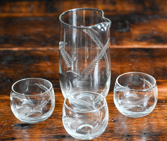 wheat etched pitcher and 3 roly poly glasses