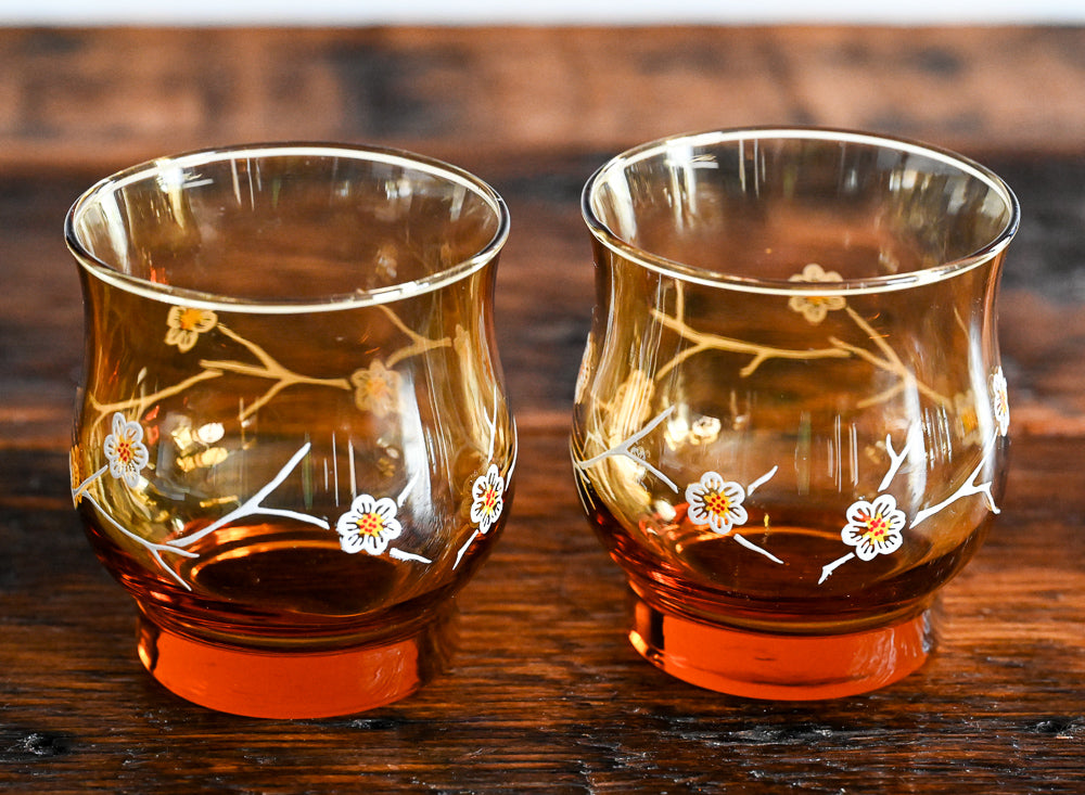 Libbey amber glass tumblers with white cherry blossoms