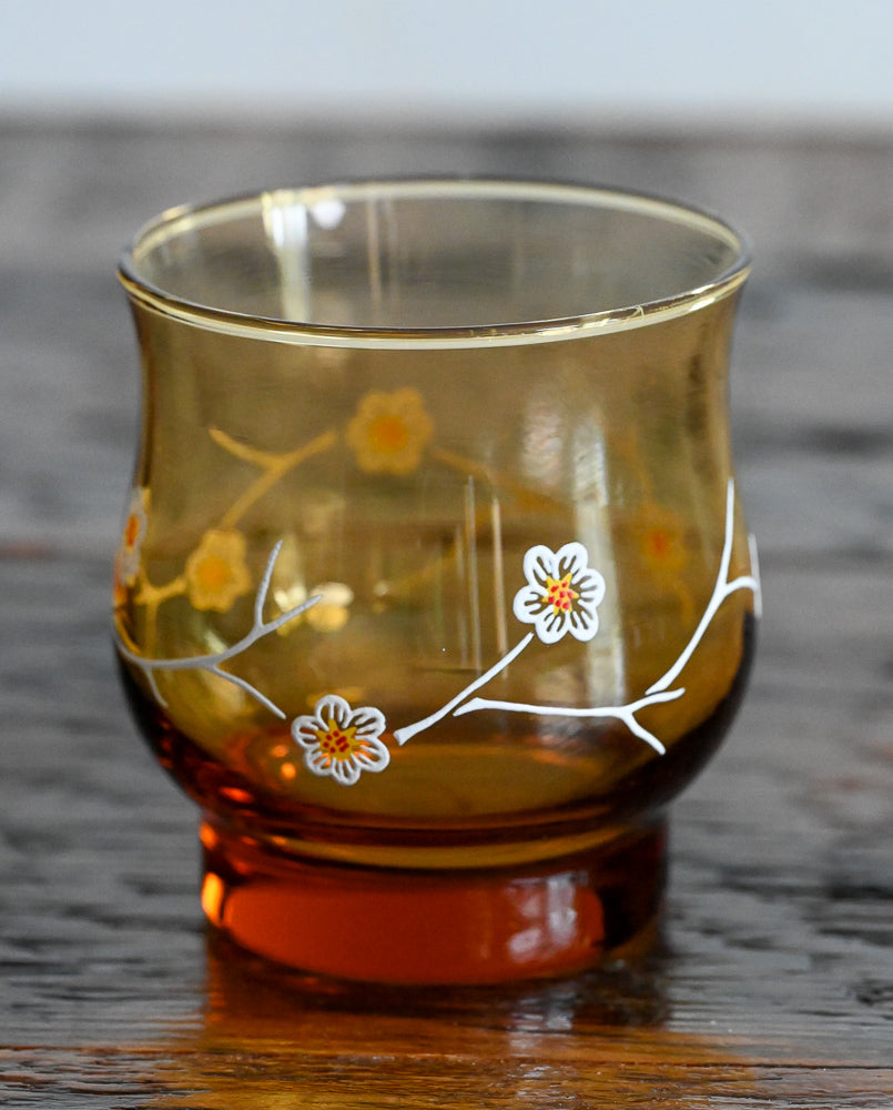 Libbey amber glass tumblers with white cherry blossoms