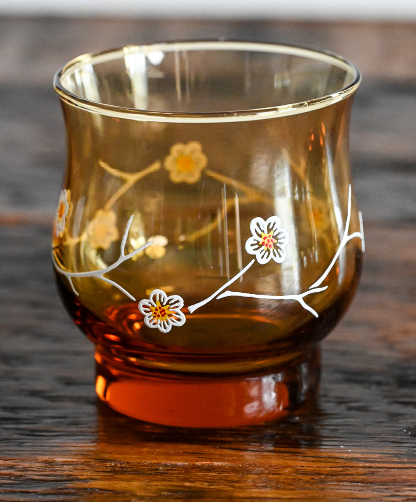 Libbey amber glass tumblers with white cherry blossoms