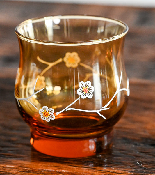 Libbey amber glass tumblers with white cherry blossoms