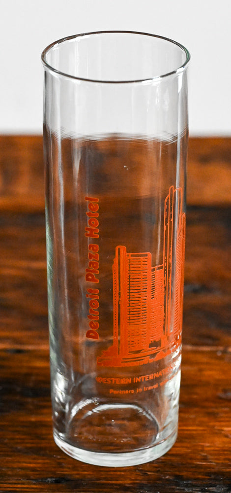 brown skyline Detroit Plaza hotel highball glass