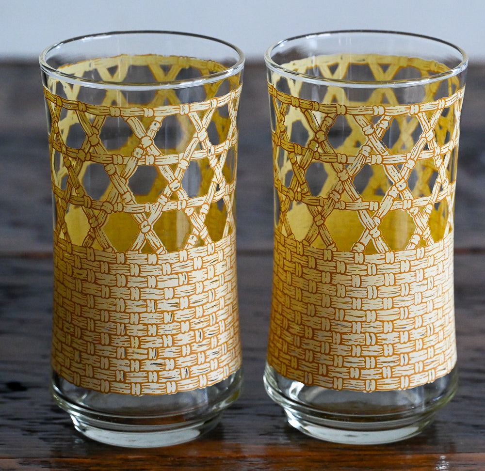 tan and brown rattan pattern Libbey tumblers