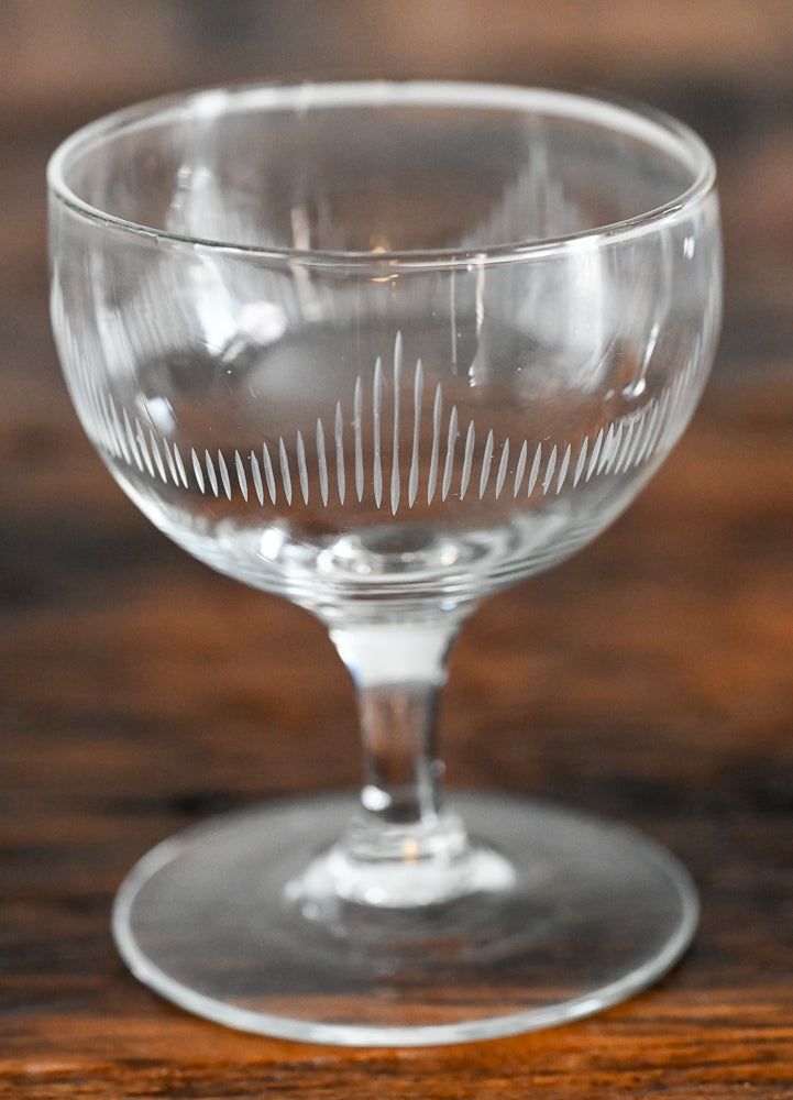 line etched clear cocktail coupe