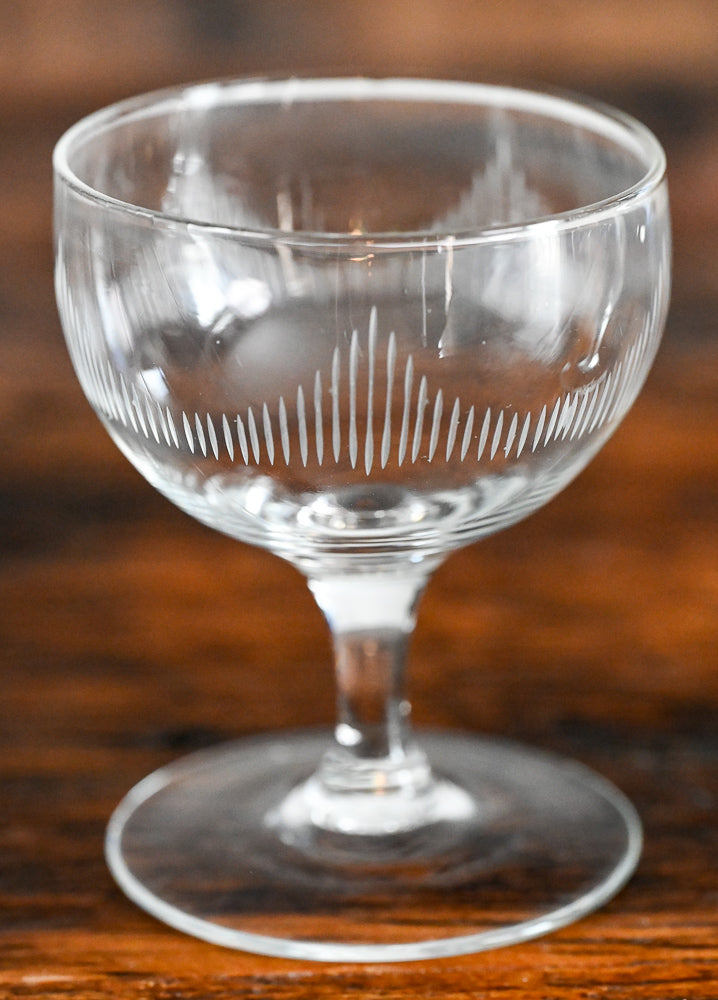 line etched clear cocktail coupe